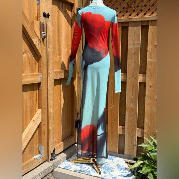 🆕 RAT & BOA 🧿 NWOT Santino Sheer Long Sleeve Dress, Blue with Red Tulip Sz XXS - Picture 7 of 16
